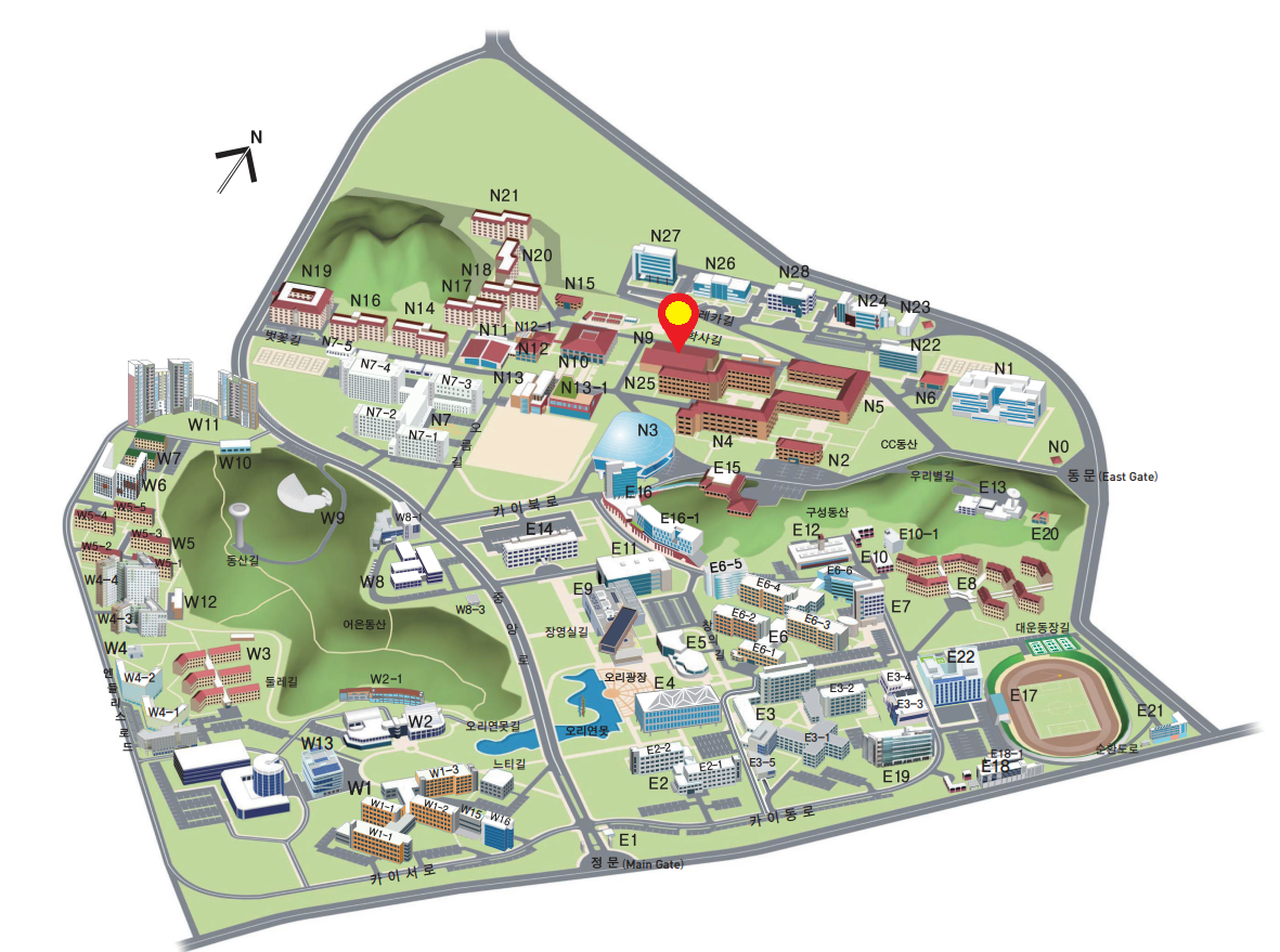 Map showing KAIST N9, Practice Building, on the KAIST main campus
