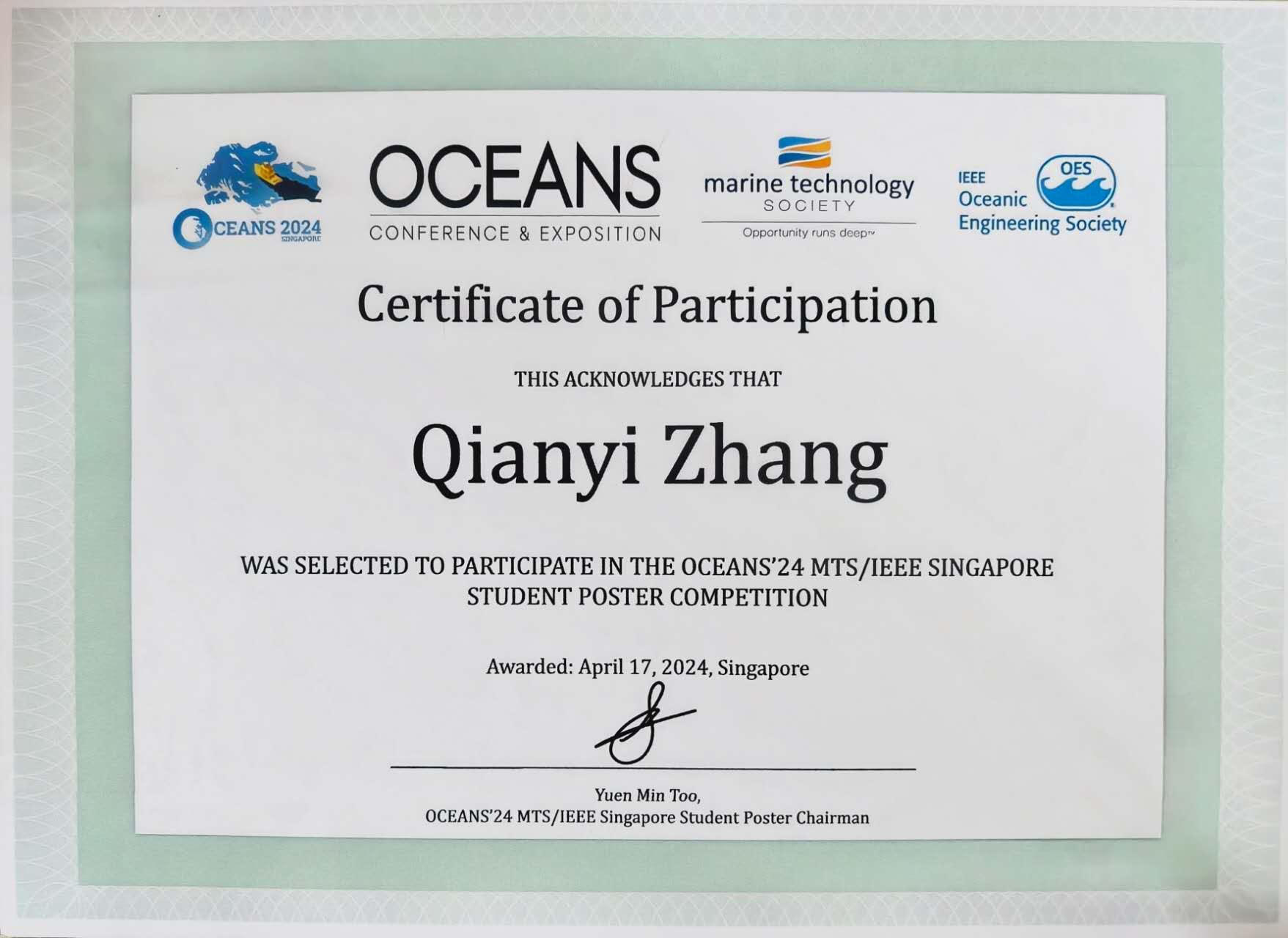 Ph.D. student Qianyi Zhang was selected to participate in OCEANS'24 Student Poster Competition.