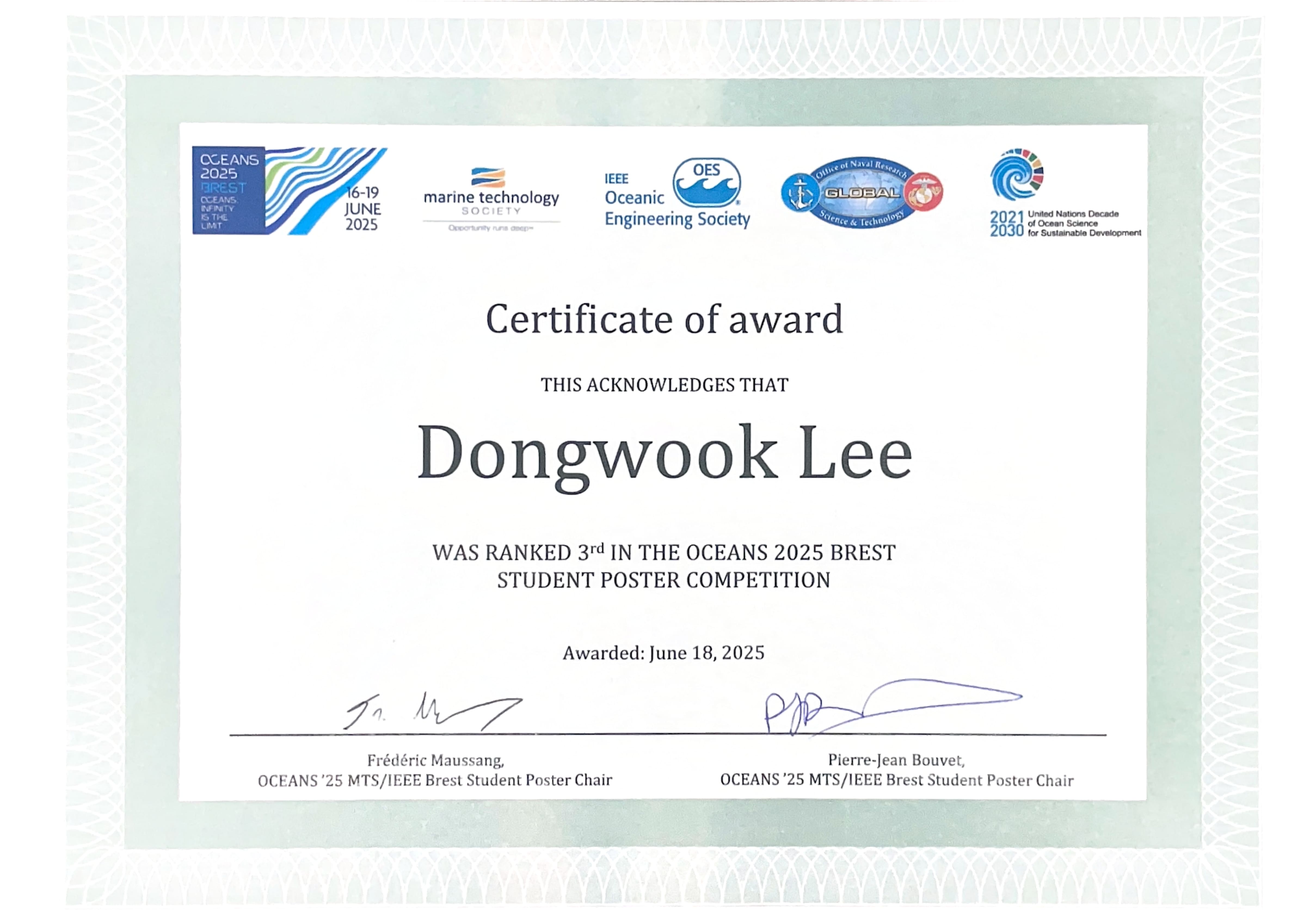 Ph.D. Student Dongwook Lee was selected as the winner of the third prize award in OCEANS'25 Student Poster Competition