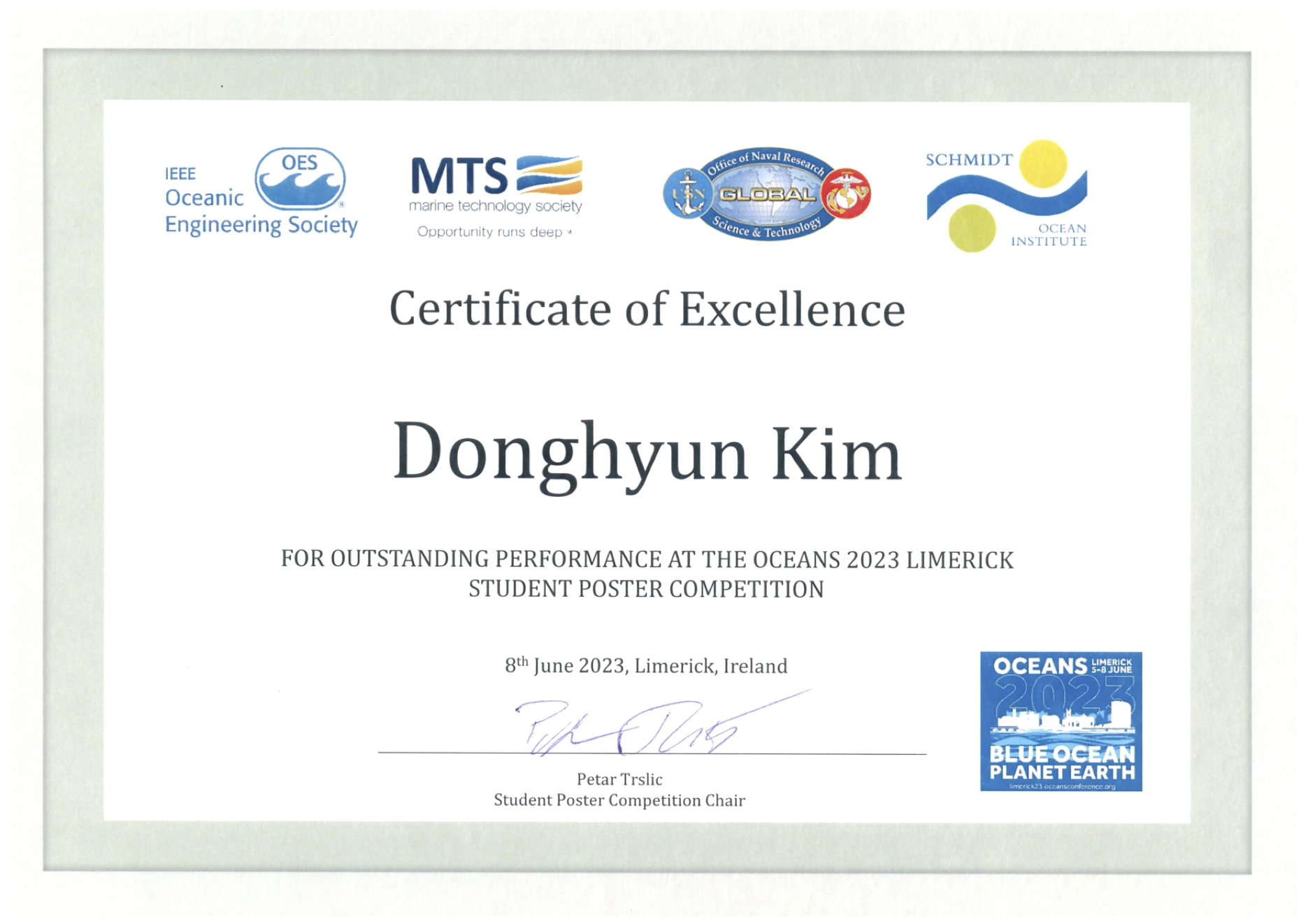 Master student Donghyun Kim was selected to participate in OCEANS'23 Student Poster Competition.