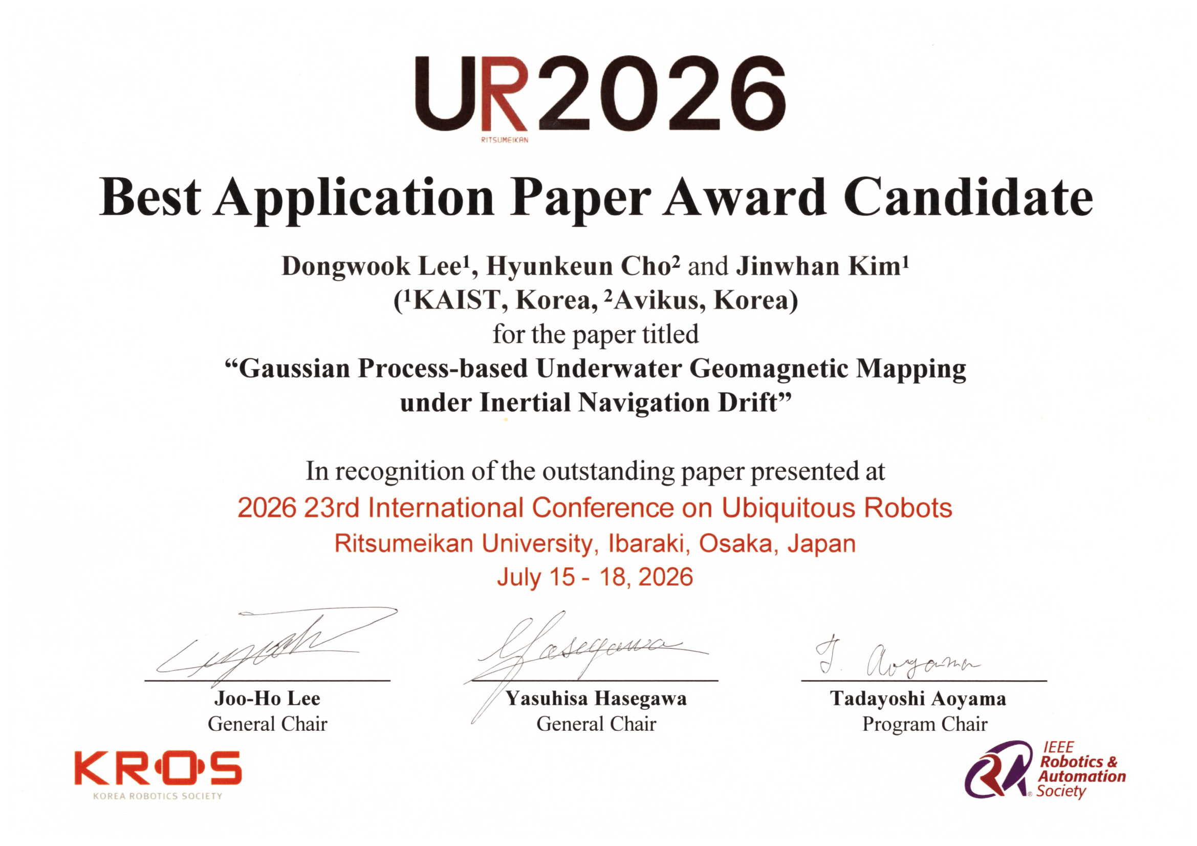 Dongwook Lee received the Best Application Paper Award Candidate at UR 2026.